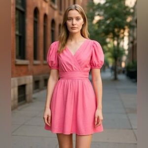 French Connection Pink Puff Sleeve Cutout Organic Cotton Rhodes Dress, Size 6